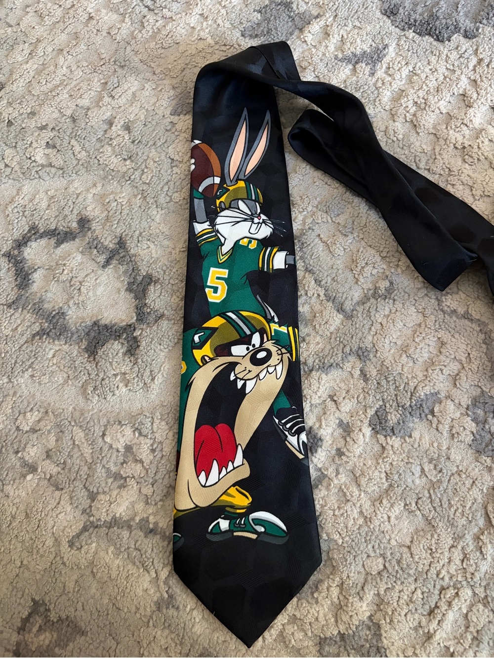 Warner Bros. Black Tie with Green, Yellow & Red Cartoon Football Characters